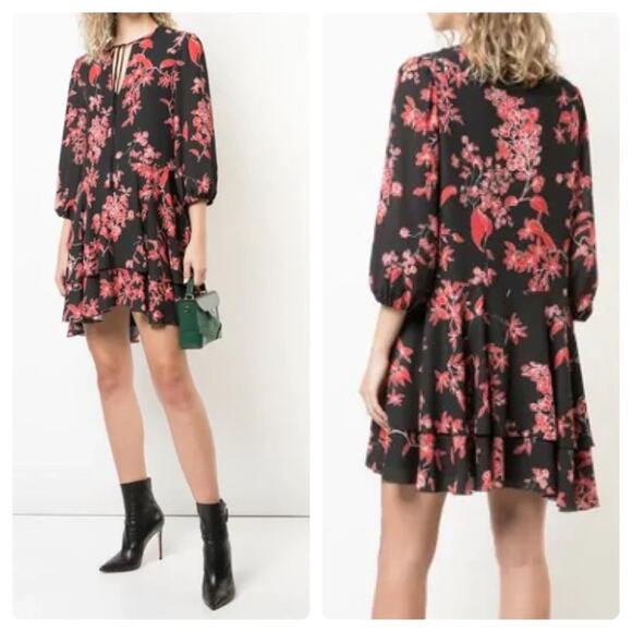 ALICE AND OLIVIA Moore Blouson-sleeve Floral Dress In Vivid Black - Picture 1 of 15